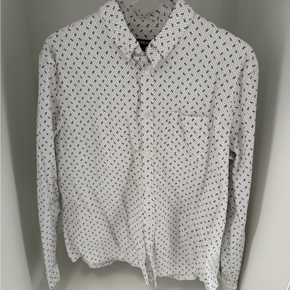 Express Men's White Button-Up Shirt with Black Micro Pattern Large